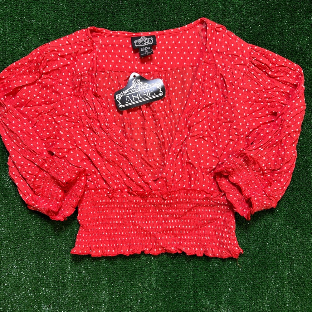 Y2K Boho Angie Polka Dot Smocked Crop Top Red White Medium